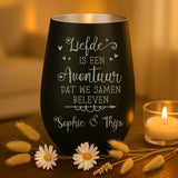 Persoonlijk cadeau - zwart-zilver windlicht met naamgravure - handgemaakt door Love & Faith