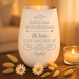 Persoonlijk cadeau - wit-zilver windlicht met naamgravure - handgemaakt door Love & Faith
