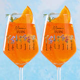 Mama’s tuin – Gepersonaliseerd wijnglas met namen en bloemen voor mama en oma