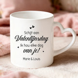 Witte mok met hartvormig oor en gepersonaliseerde naam – romantisch cadeau van Love & Faith