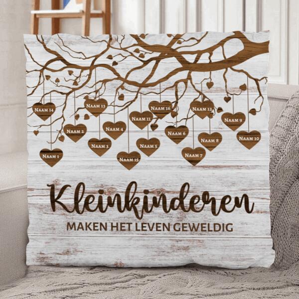 Gepersonaliseerd kussen met namen van kleinkinderen en grootouders, zacht premium pluche