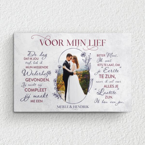 Gepersonaliseerde koppel-canvas 'Liefde in marmer' met aangepaste namen en foto in horizontaal formaat