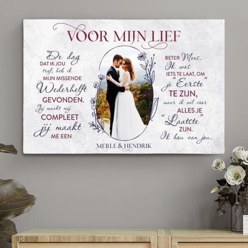 Gepersonaliseerde koppel-canvas 'Liefde in marmer' met aangepaste namen en foto in horizontaal formaat – Motiv 2