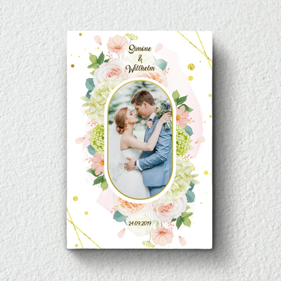 Gepersonaliseerde koppel canvas met zomerbloemen, haarscherpe print en houten lijst
