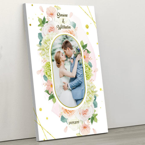 Gepersonaliseerde koppel canvas met zomerbloemen, haarscherpe print en houten lijst – Motiv 2