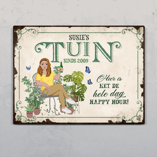 Gepersonaliseerd outdoor tuindeurbord Tuinliefhebber met naam en design in levendige kleuren op Alu-Dibond