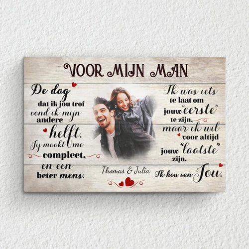 Gepersonaliseerde koppel canvas Voor mijn lief met namen, foto's en houten lijst