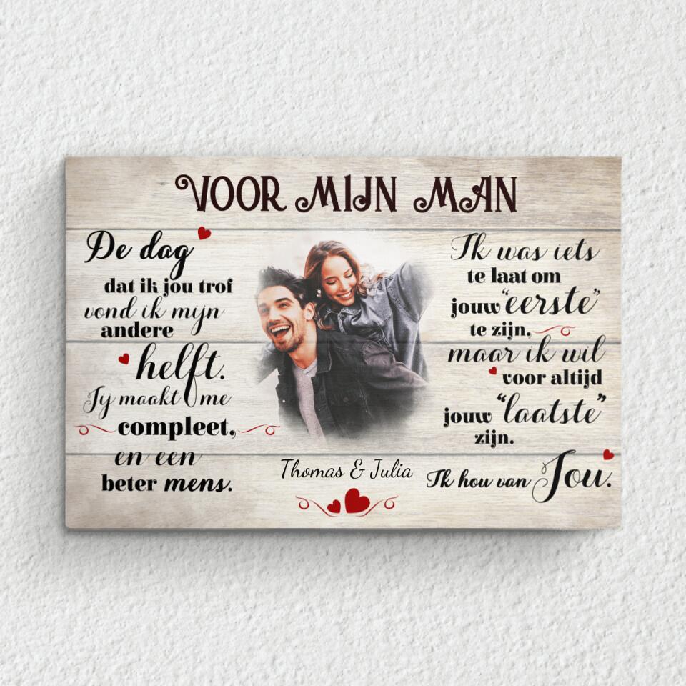 Gepersonaliseerde koppel canvas Voor mijn lief met namen, foto's en houten lijst