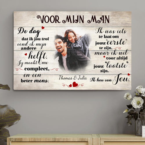 Gepersonaliseerde koppel canvas Voor mijn lief met namen, foto's en houten lijst – Motiv 2