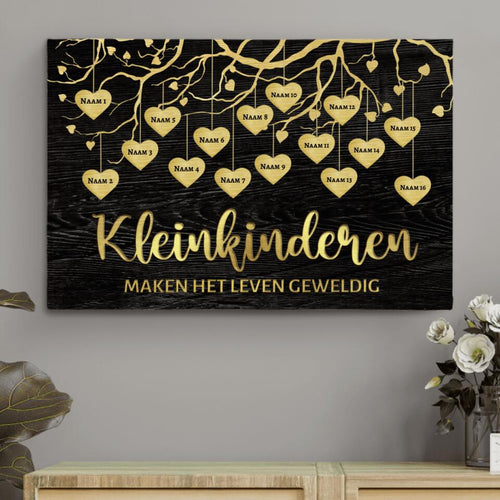 Gepersonaliseerde canvas afdruk Kleinkinderen Grootouders met namen, heldere kleuren en houten lijst – Motiv 2