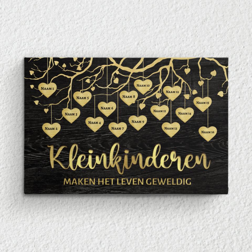 Gepersonaliseerde canvas afdruk Kleinkinderen Grootouders met namen, heldere kleuren en houten lijst
