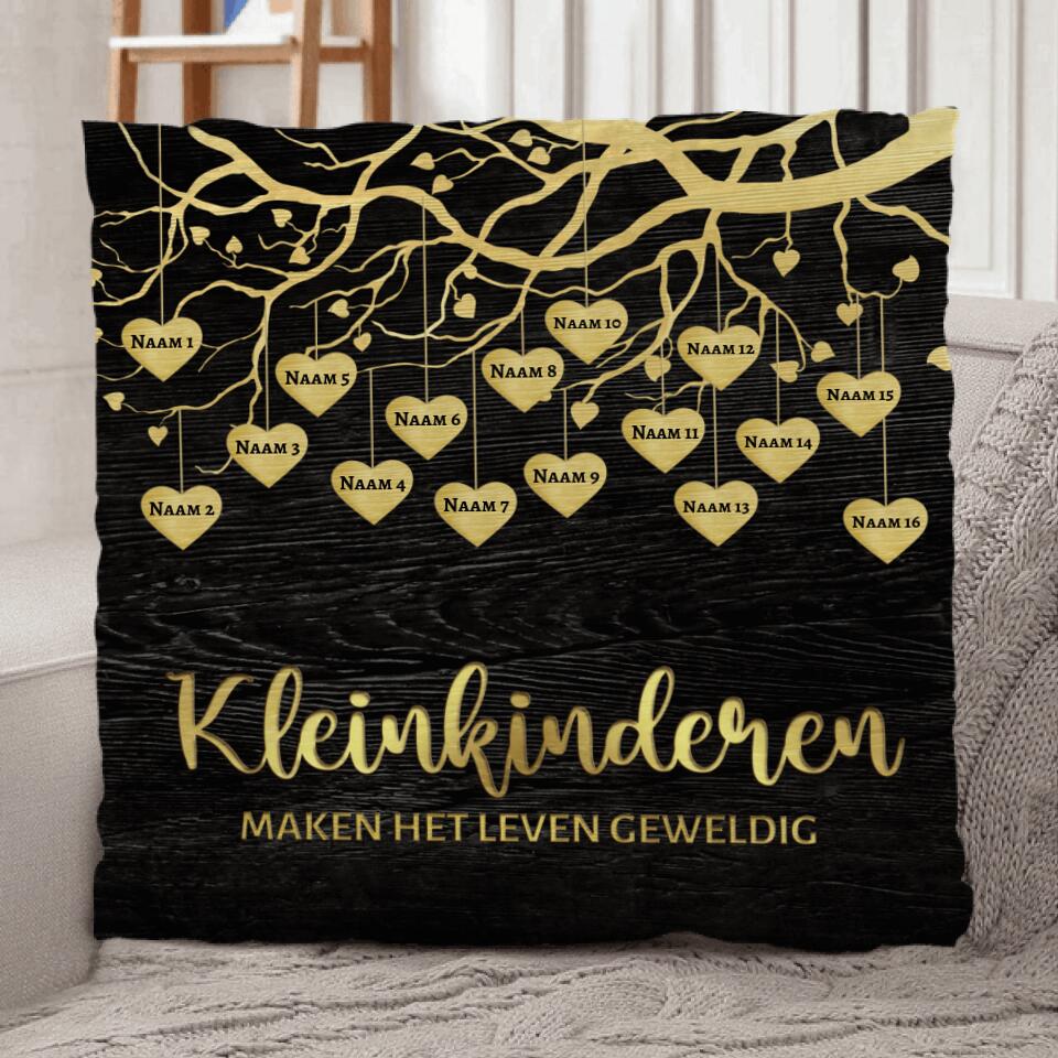 Gepersonaliseerd grootouders-kussen met naam kleinkinderen, zacht pluche design