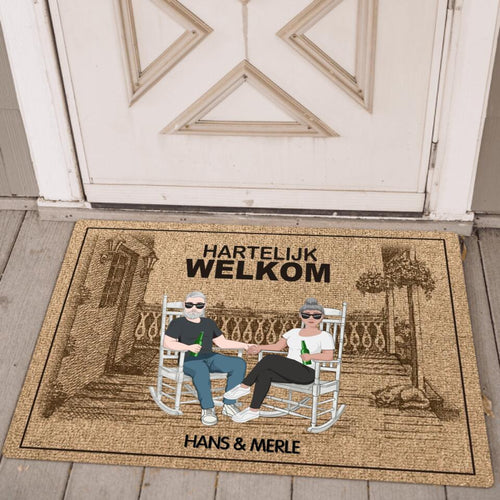 Hartelijk welkom deurmat voor koppels met gepersonaliseerde namen en ontwerp, antislip en duurzaam – Motiv 2