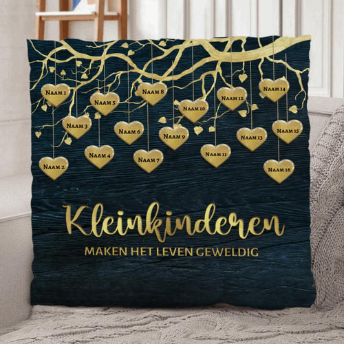 Gepersonaliseerd grootouders-kussen Mijn kleinkinderen in goud met namen op zachte pluche stof