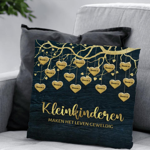 Gepersonaliseerd grootouders-kussen Mijn kleinkinderen in goud met namen op zachte pluche stof – Motiv 2