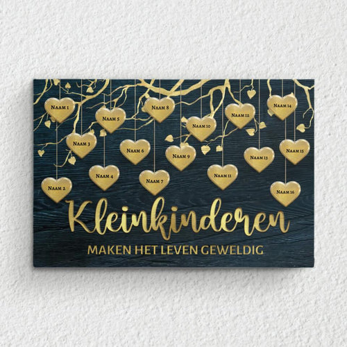 Personaliseerde grootouders canvas met namen kleinkinderen in goudkleur, houten lijst