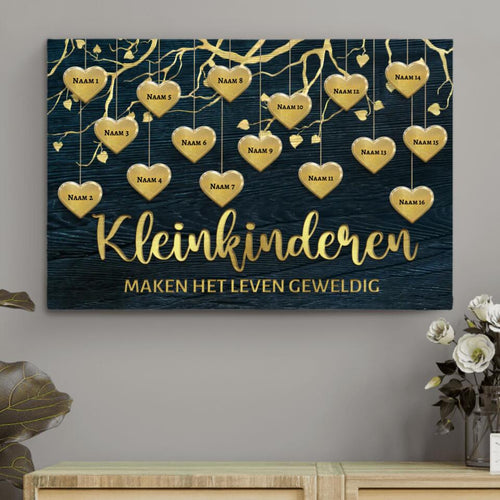 Personaliseerde grootouders canvas met namen kleinkinderen in goudkleur, houten lijst – Motiv 2