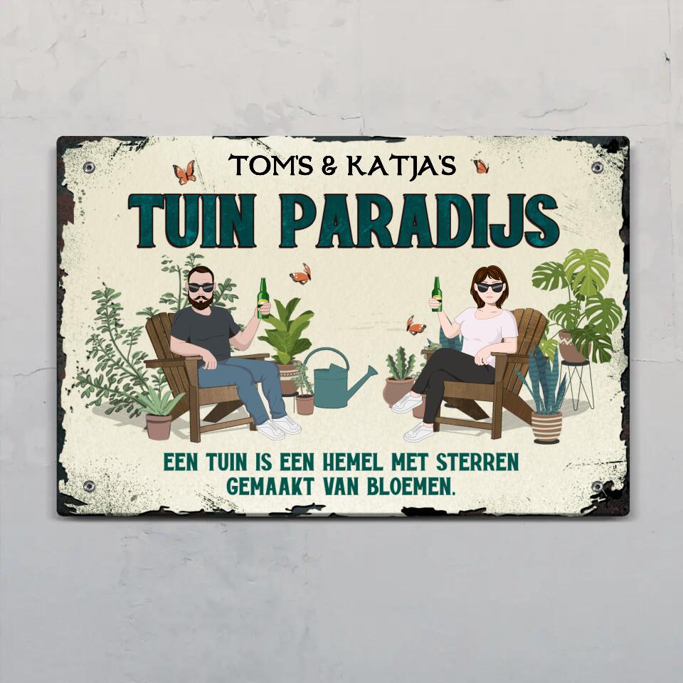 Gepersonaliseerd tuindeurbord 'Onze tuin is een paradijs' met namen, weerbestendig Alu-Dibond outdoor schild