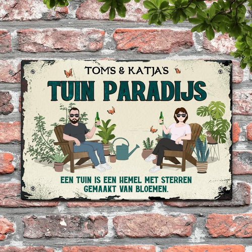 Gepersonaliseerd tuindeurbord 'Onze tuin is een paradijs' met namen, weerbestendig Alu-Dibond outdoor schild – Motiv 2