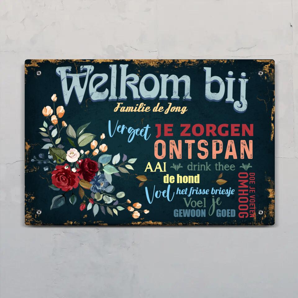 Personaliseerbaar ingang deurbord Welkom bij met custom namen en design op duurzaam Alu-Dibond