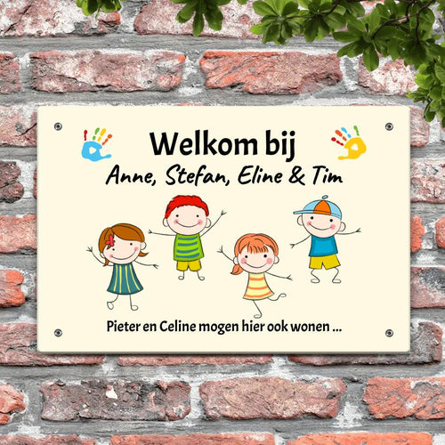 Gepersonaliseerd ingang-deurbord Welkom bij met aangepaste familienamen op weerbestendig aluminium – Motiv 2