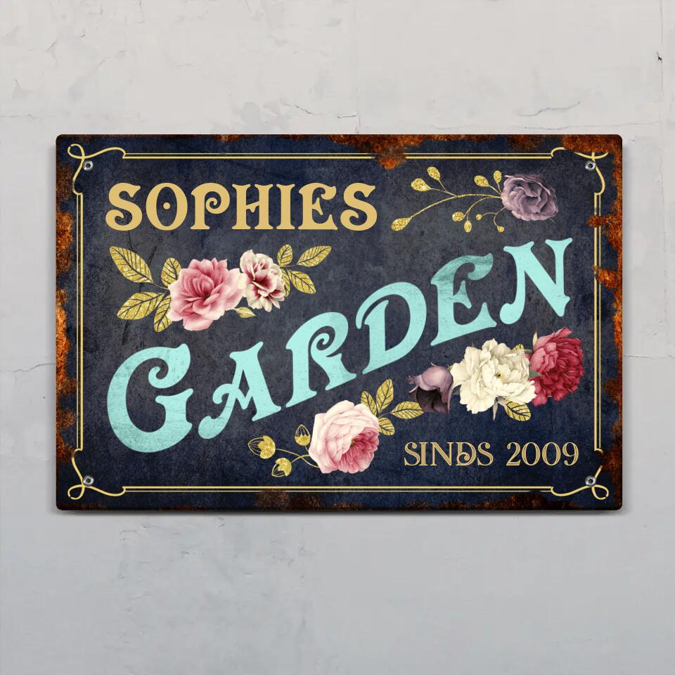 Gepersonaliseerd outdoor-deurbord Mijn Oase met aangepaste namen en ontwerp, weerbestendig Alu-Dibond tuinbord