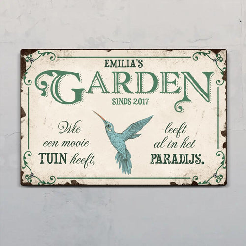 Persoonlijk tuinbord Tuingeluk outdoor-deurbord met gepersonaliseerde opdruk en levendige kleuren