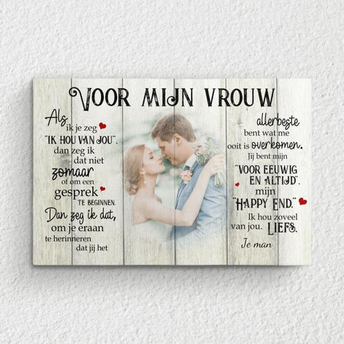 Gepersonaliseerde koppel canvas 'Mijn happy end (voor haar)' met foto en namen, haarscherpe print in heldere kleuren met