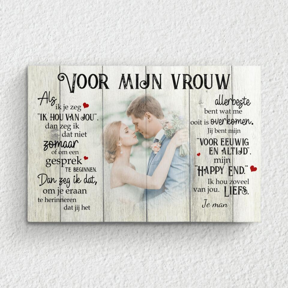 Gepersonaliseerde koppel canvas 'Mijn happy end (voor haar)' met foto en namen, haarscherpe print in heldere kleuren met