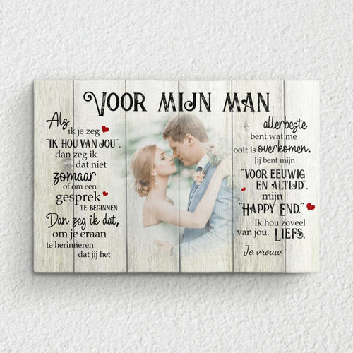 Gepersonaliseerde koppel canvas 'Mijn happy end voor hem' met houten lijst, aangepast met foto en namen