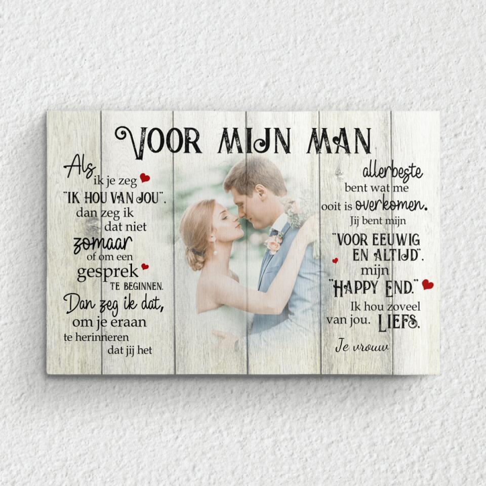 Gepersonaliseerde koppel canvas 'Mijn happy end voor hem' met houten lijst, aangepast met foto en namen