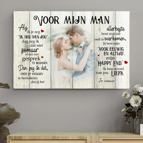 Gepersonaliseerde koppel canvas 'Mijn happy end voor hem' met houten lijst, aangepast met foto en namen – Motiv 2