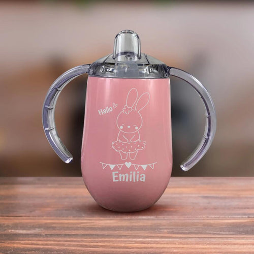 Roze babybeker Beestachtige dorst met gravure, roestvrijstaal en handgrepen
