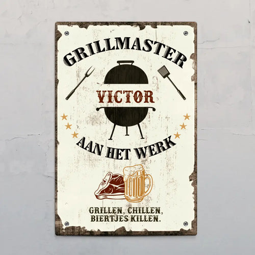 Gepersonaliseerd BBQ-bord Grillmaster met aangepaste naam en design, weerbestendig outdoor-deurbord