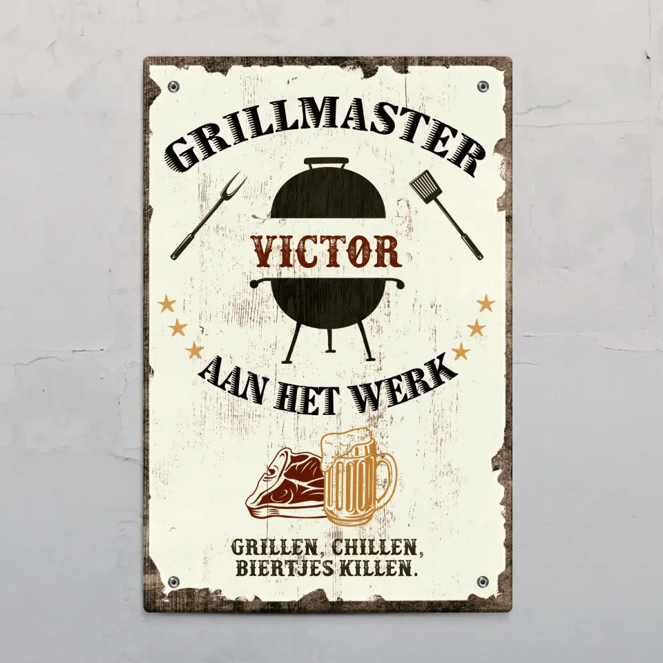 Gepersonaliseerd BBQ-bord Grillmaster met aangepaste naam en design, weerbestendig outdoor-deurbord