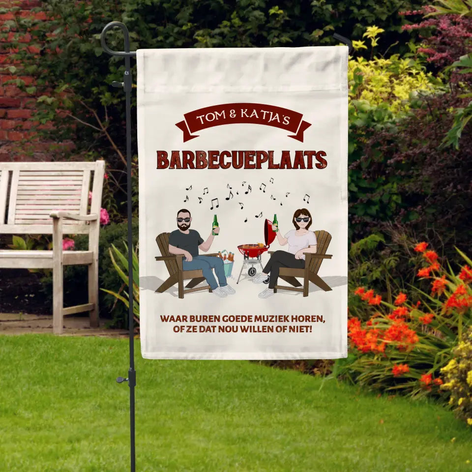 Gepersonaliseerde tuinvlag koppel 'Onze barbecueplaats' met eigen namen, linnenmateriaal