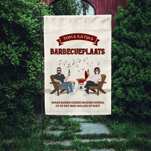 Gepersonaliseerde tuinvlag koppel 'Onze barbecueplaats' met eigen namen, linnenmateriaal – Motiv 2