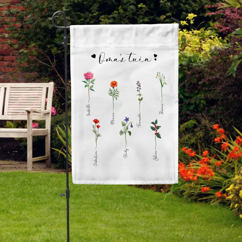 Tuinvlag Oma's tuin Grootouders-Tuin vlag met gepersonaliseerde namenopdruk