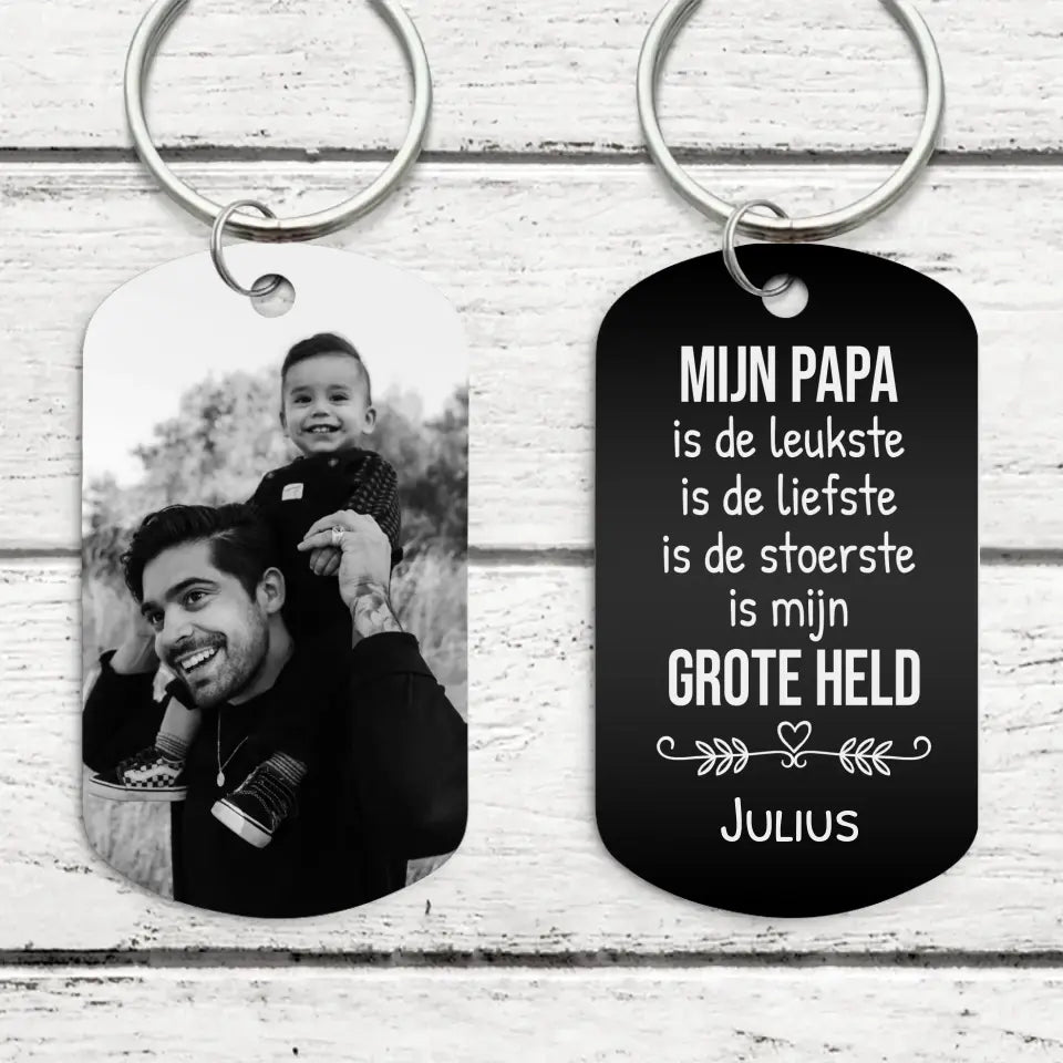Gegraveerde ouders-sleutelhanger zwart/wit, metaal met persoonlijke gravure