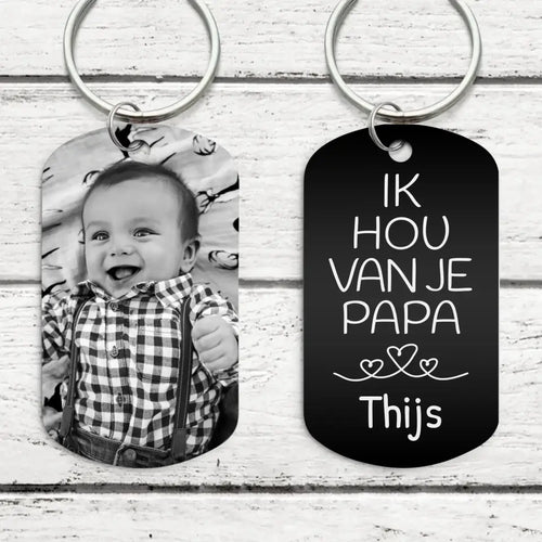 Papa sleutelhanger met persoonlijke gravure, zwart afgewerkte aluminiumlegering, gegraveerd aan beide zijden