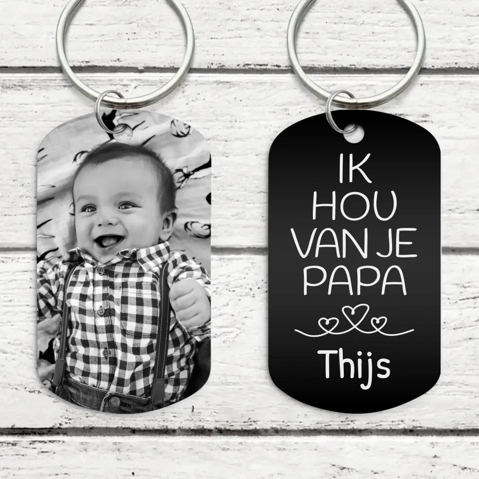 Papa sleutelhanger met persoonlijke gravure, zwart afgewerkte aluminiumlegering, gegraveerd aan beide zijden