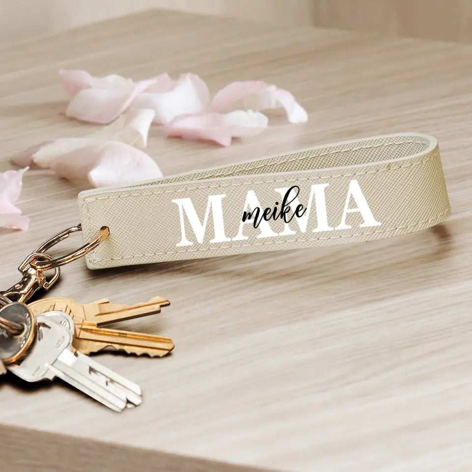 Mama ouders-sleutelhanger PU met persoonlijke opdruk en karabijnhaak