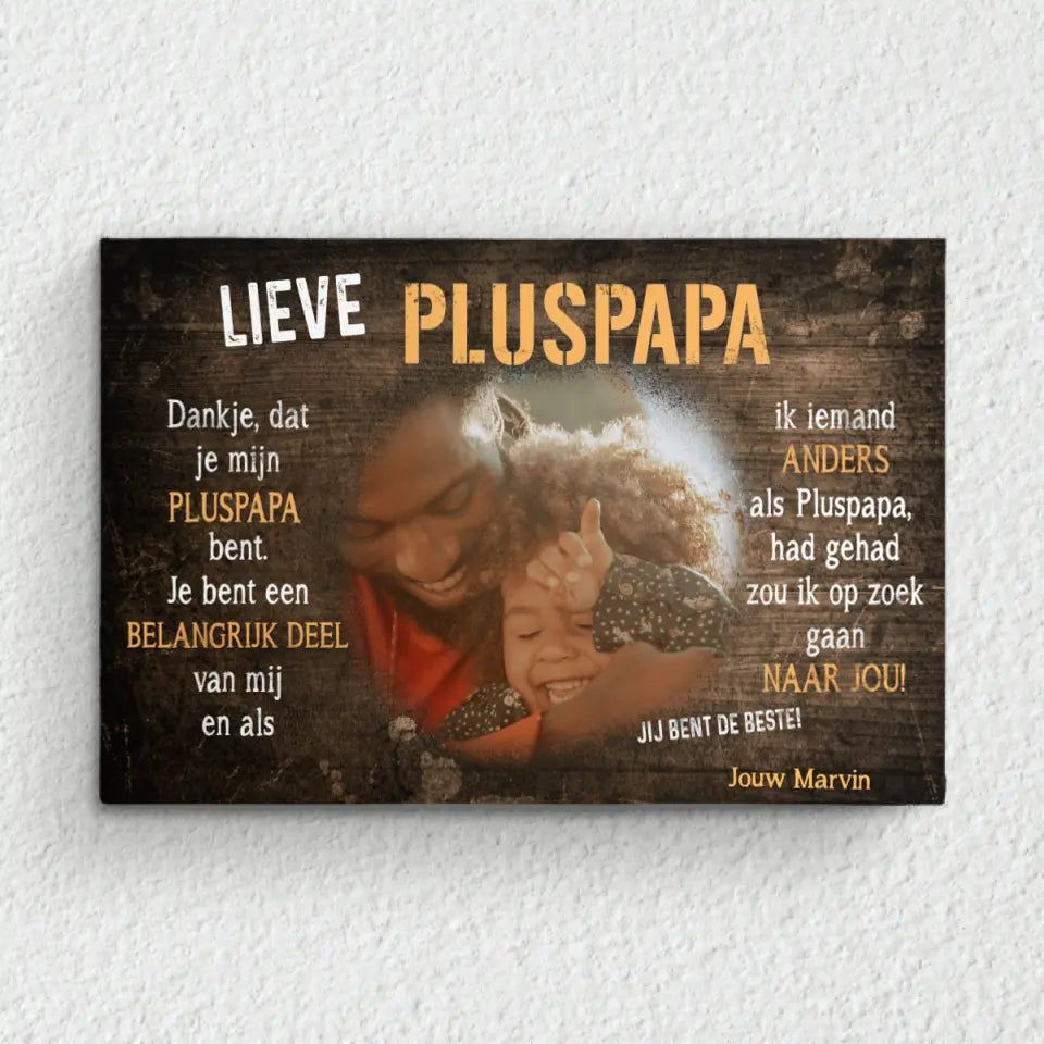 Gepersonaliseerde canvas Lieve Pluspapa Ouders met aangepaste namen en familiefoto's, haarscherpe afdruk in houten lijst