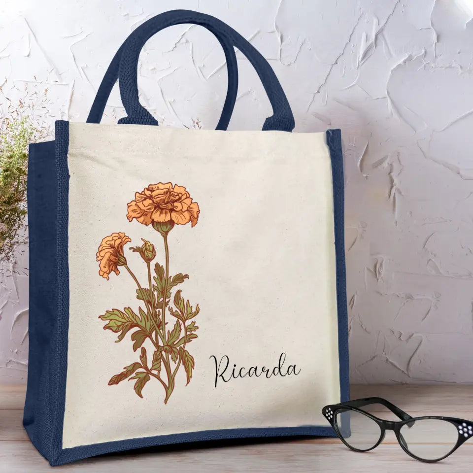 Gepersonaliseerde kleurrijke jute tas met bloemmotief en naamopdruk, stevige draaggrepen