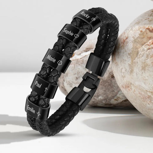 Gepersonaliseerde leren armband met ringen en namen, personaliseerbaar armband