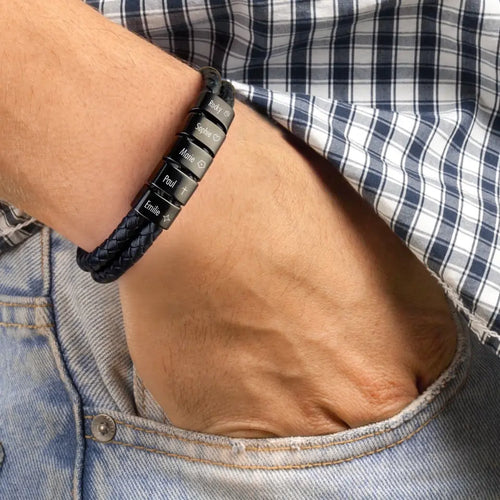 Gepersonaliseerde leren armband met ringen en namen, personaliseerbaar armband – Motiv 2