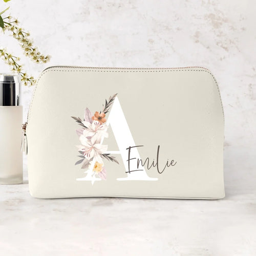 Personalisierte PU Kosmetiktasche mit Namen und Blumeninitial im DTF-Druck