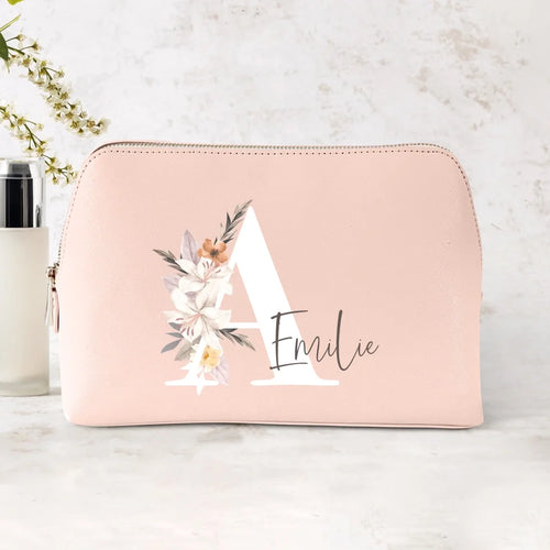 Personalisierte PU Kosmetiktasche mit Namen und Blumeninitial im DTF-Druck – Motiv 2