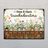 De tuin van oma & opa - Deurbord met personaliseerbare kinderfiguren en botanisch ontwerp