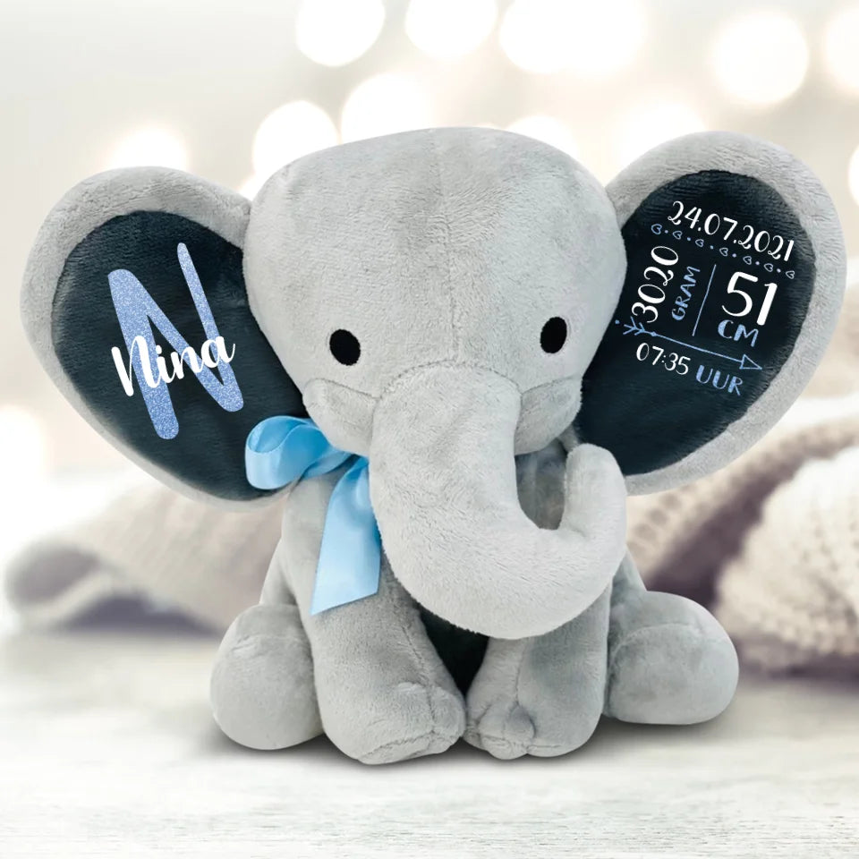 Personaliseerbare knuffelolifant met geboortedatum en naam – zachte stof, ongeveer 24 cm groot